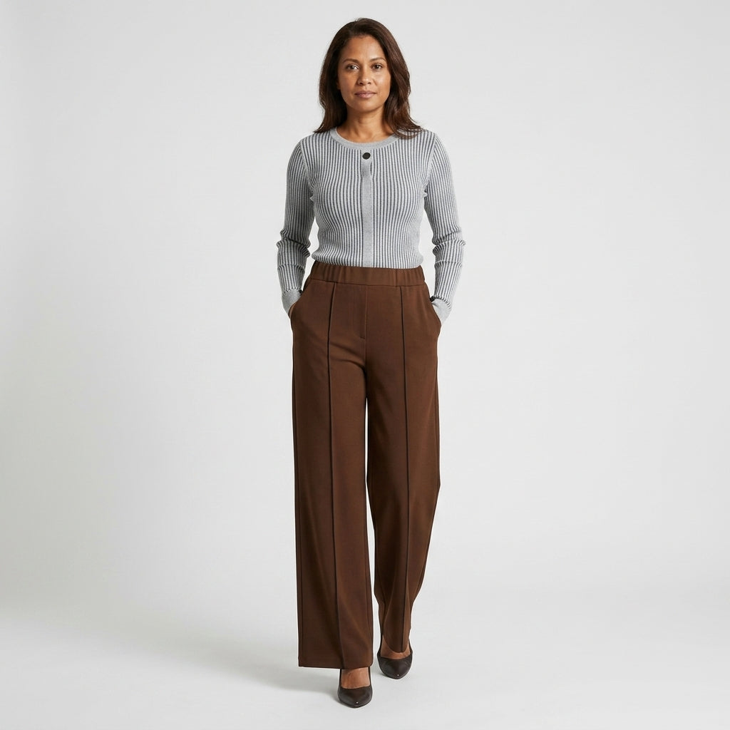 Damen High Waist Stoffhose mit weitem Bein — Braun
