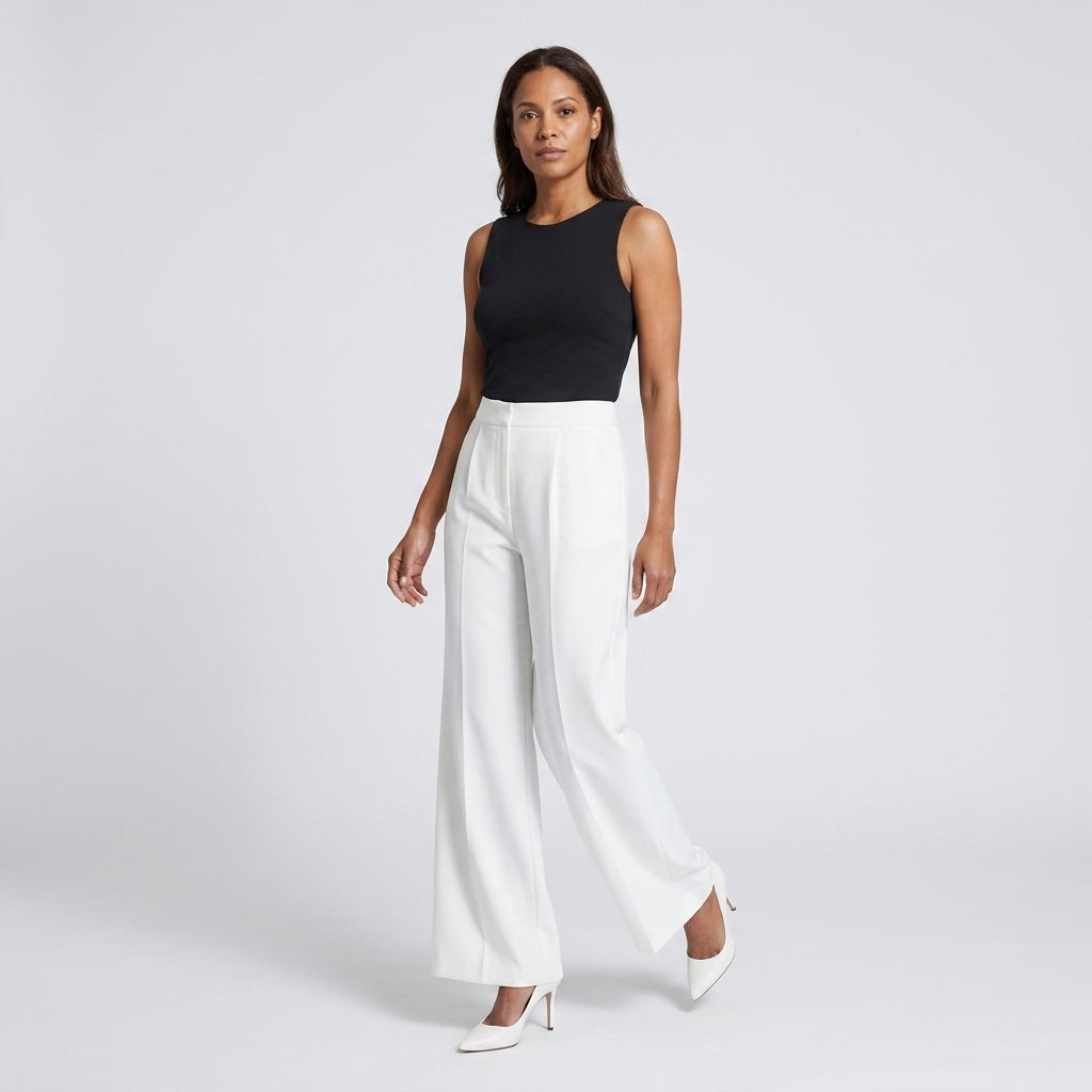 Damen High Waist Stoffhose mit weitem Bein — Weiß
