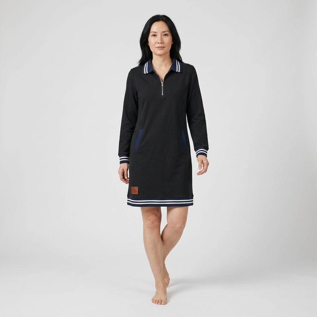 Damen Polokleid aus Baumwolle mit Reißverschluss — Schwarz