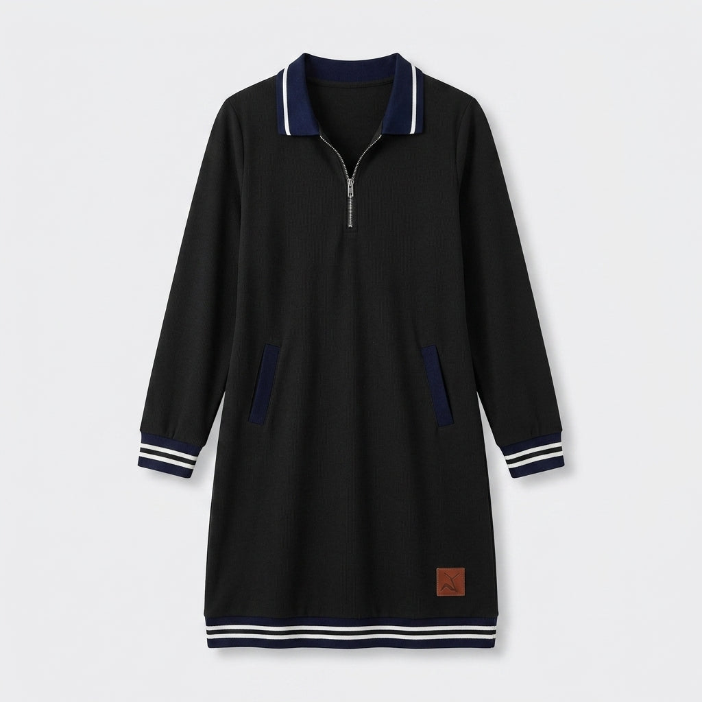 Damen Polokleid aus Baumwolle mit Reißverschluss — Schwarz