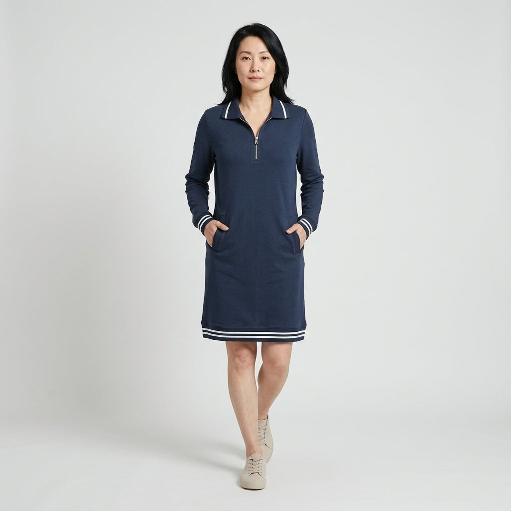 Damen Polokleid aus Baumwolle mit Reißverschluss — Marineblau