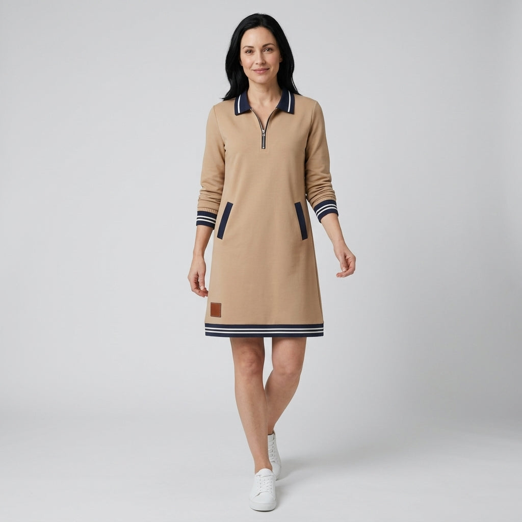 Damen Polokleid aus Baumwolle mit Reißverschluss — Beige