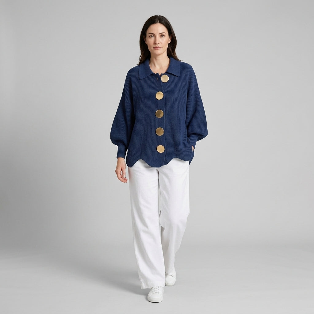 Damen Oversize Strickjacke mit Kragen und Metallknöpfen — Marineblau