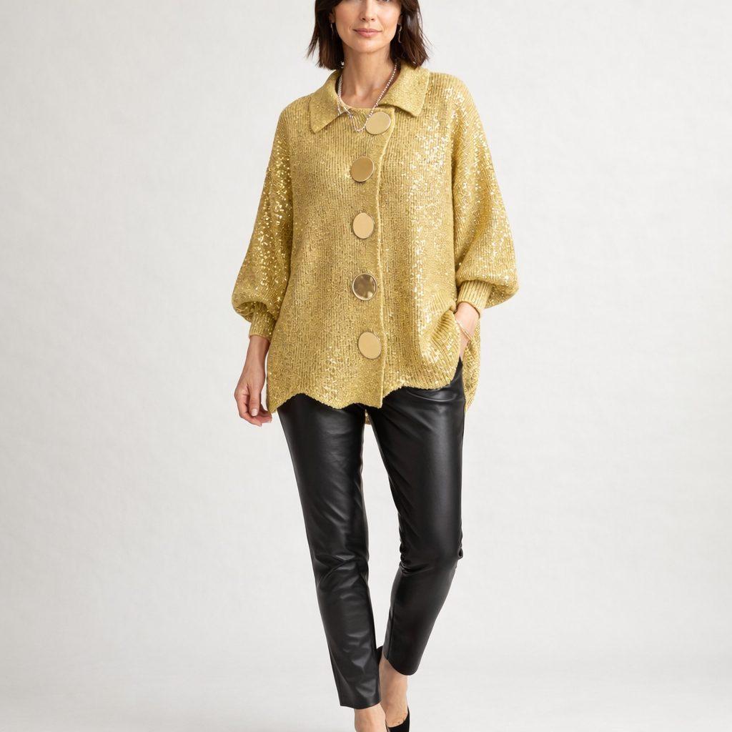 Damen Oversize Strickjacke mit Kragen und Metallknöpfen — Gold
