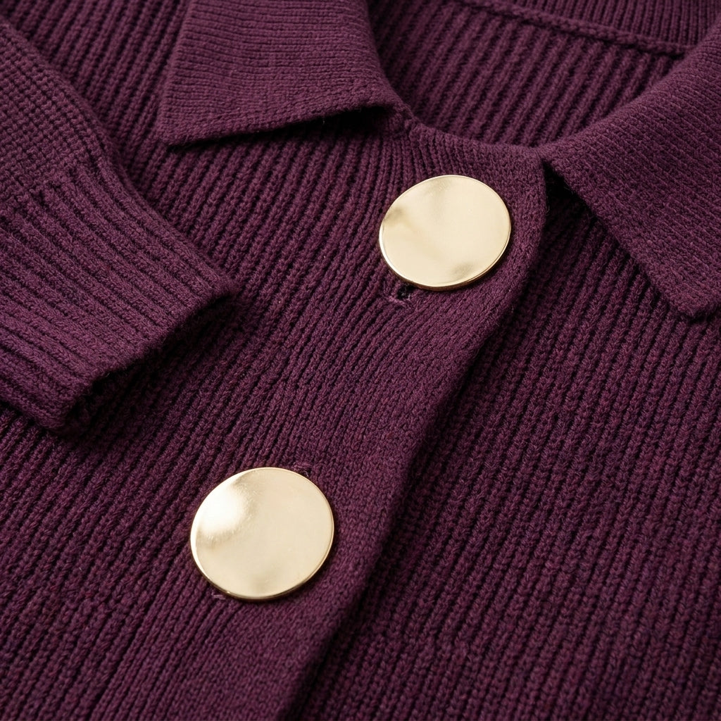 Damen Oversize Strickjacke mit Kragen und Metallknöpfen — Weinrot