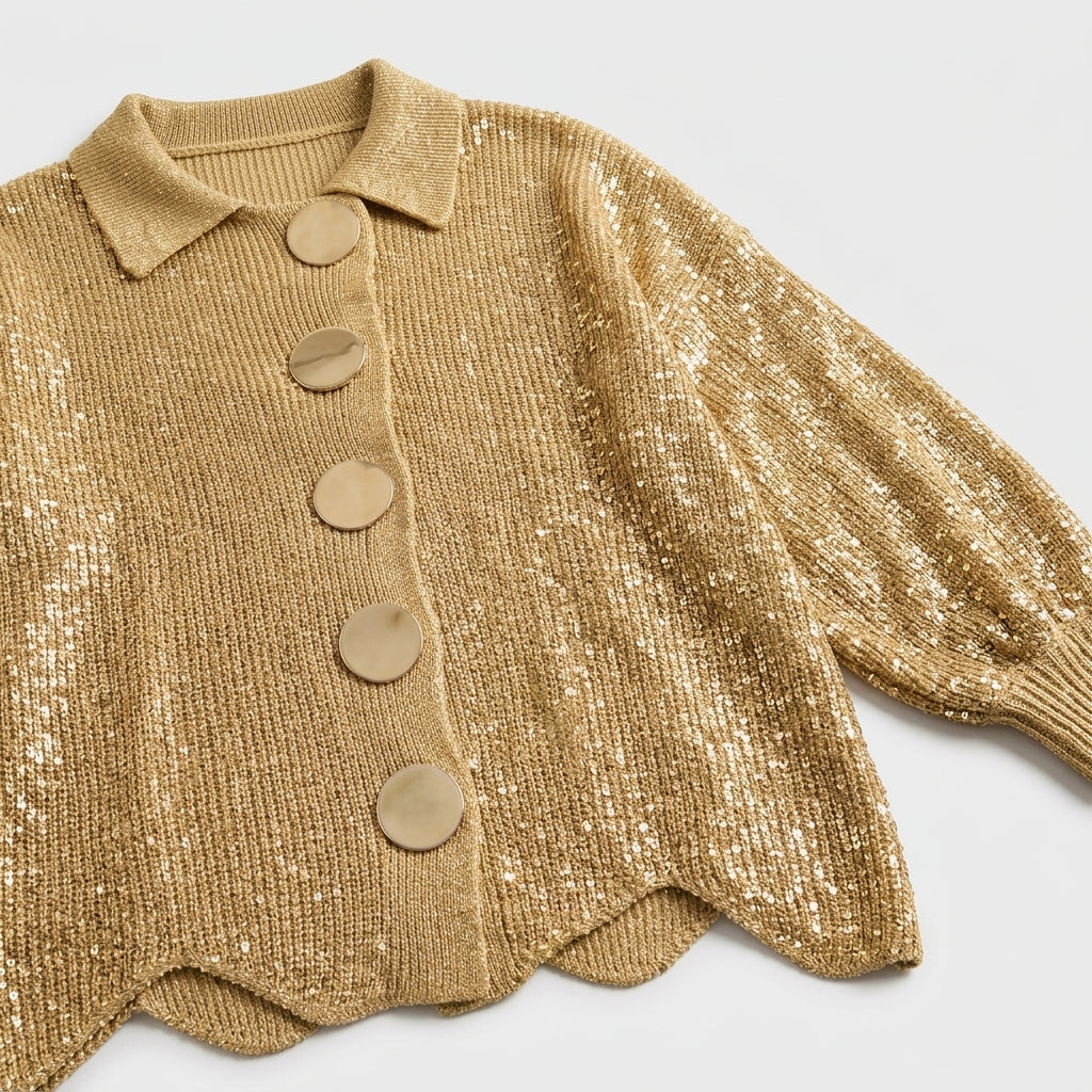 Damen Oversize Strickjacke mit Kragen und Metallknöpfen — Gold