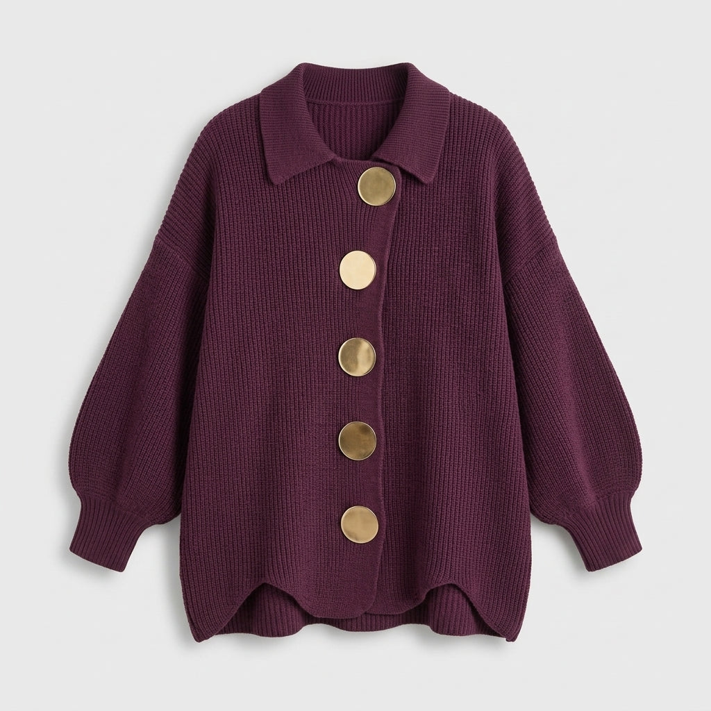 Damen Oversize Strickjacke mit Kragen und Metallknöpfen — Weinrot