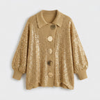 Damen Oversize Strickjacke mit Kragen und Metallknöpfen — Gold