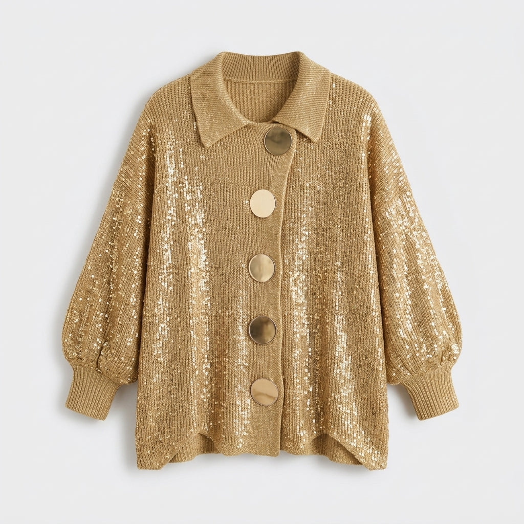 Damen Oversize Strickjacke mit Kragen und Metallknöpfen — Gold