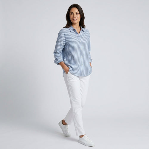 Damen Gestreifte Hemdbluse aus Baumwolle – Relaxed Fit — Blau