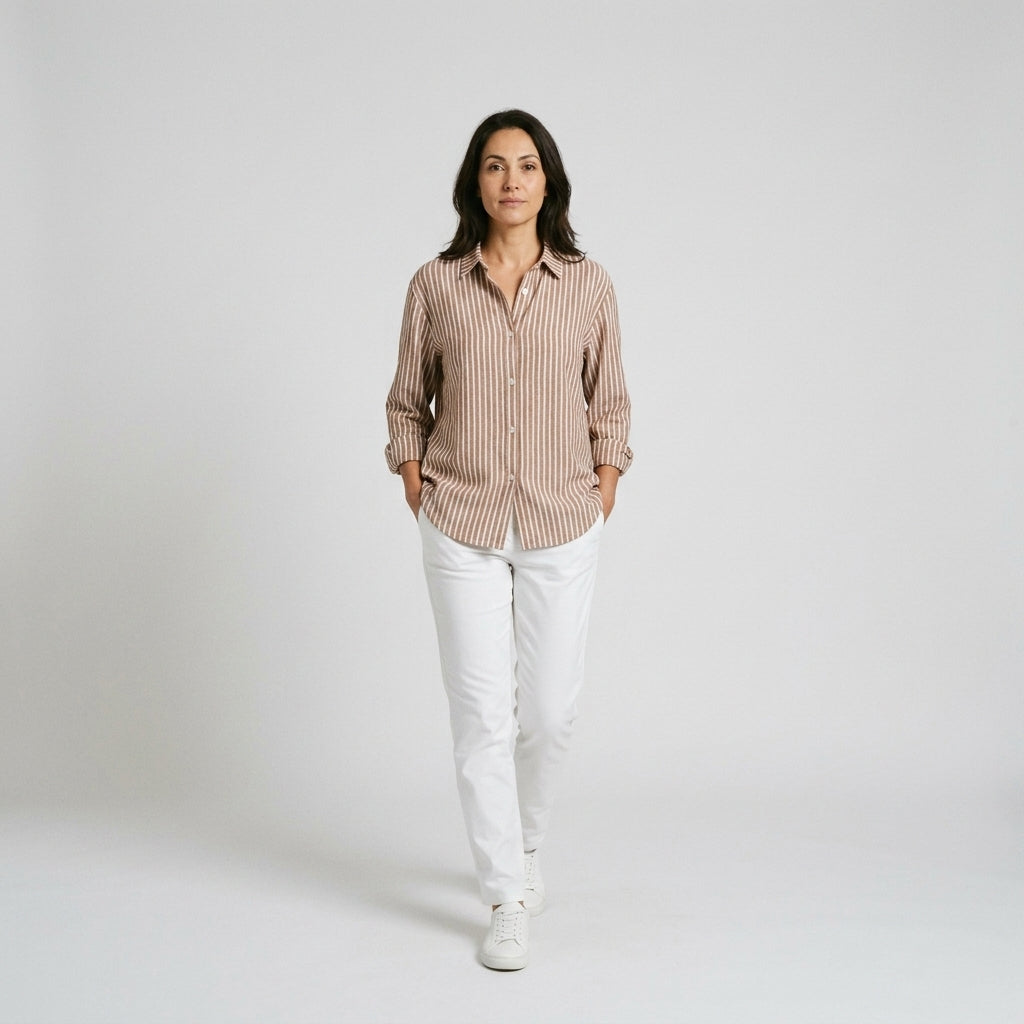 Damen Gestreifte Hemdbluse aus Baumwolle – Relaxed Fit — Khaki