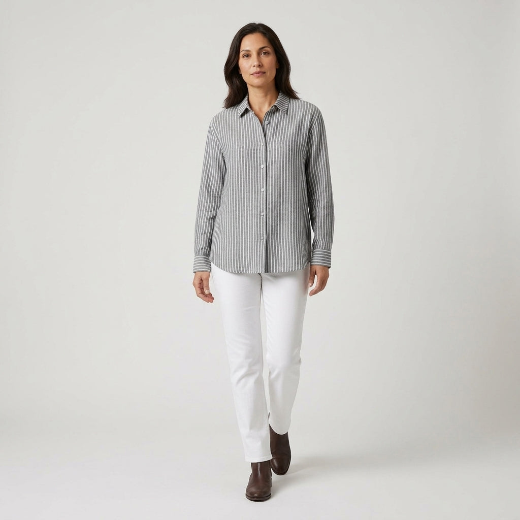 Damen Gestreifte Hemdbluse aus Baumwolle – Relaxed Fit — Grau