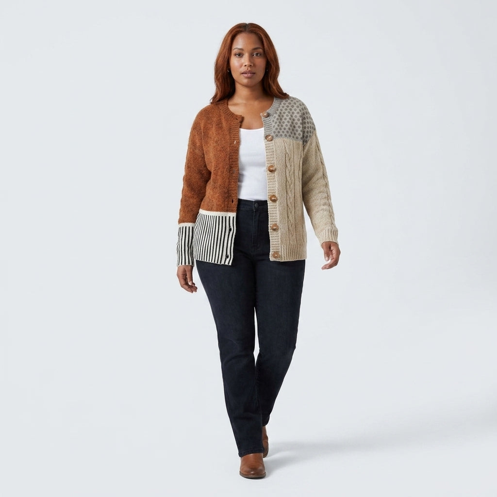 Damen Strickjacke im Patchwork-Look – Relaxed Fit