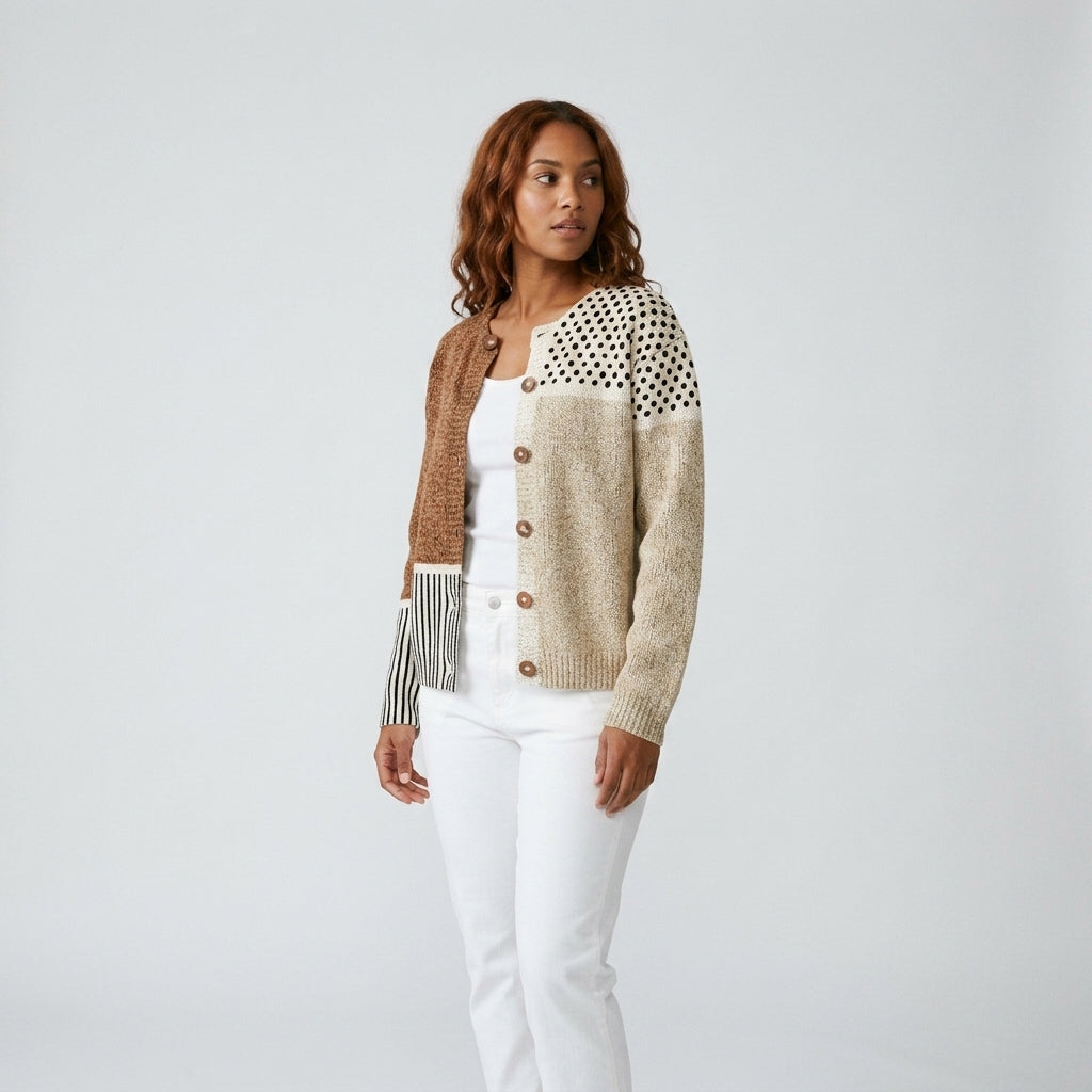 Damen Strickjacke im Patchwork-Look – Relaxed Fit
