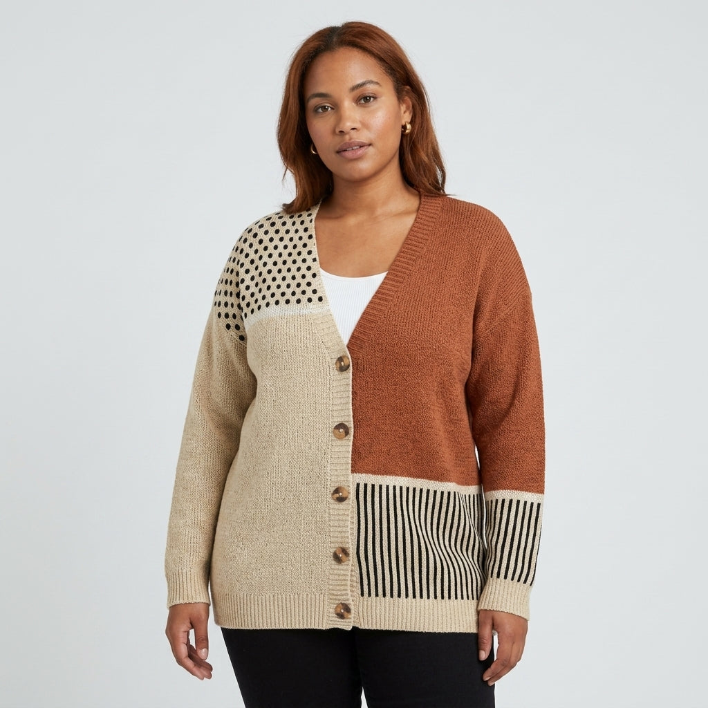 Damen Strickjacke im Patchwork-Look – Relaxed Fit