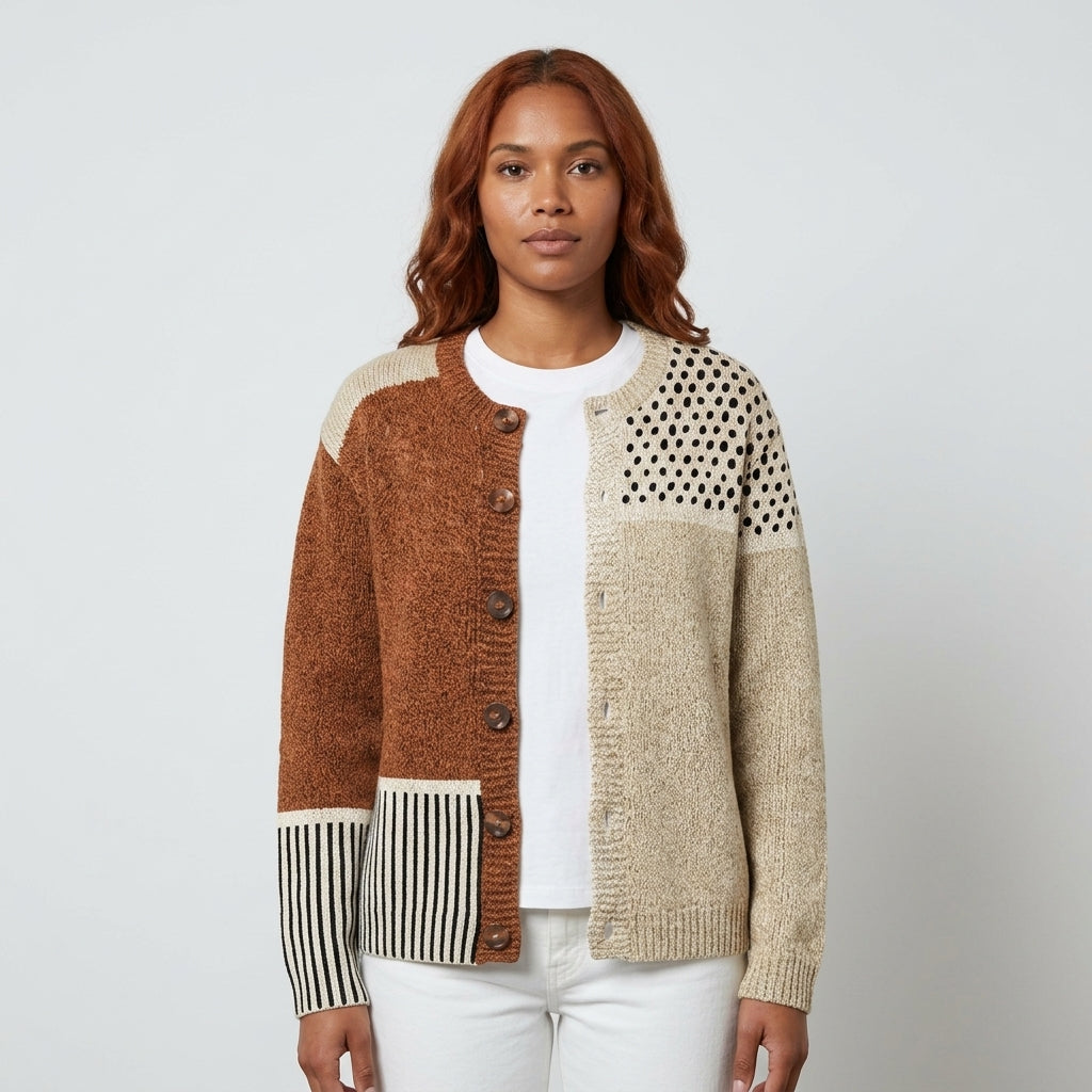 Damen Strickjacke im Patchwork-Look – Relaxed Fit