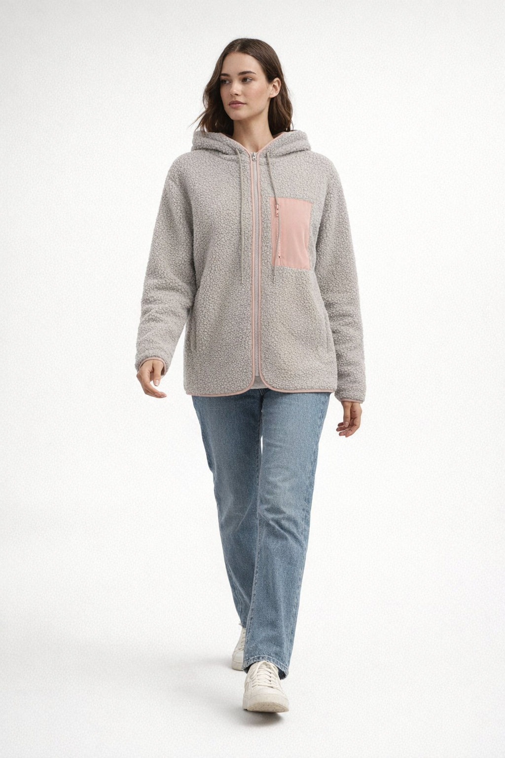 Hellgraue Woll-Teddyjacke mit Kapuze für Damen — Pink