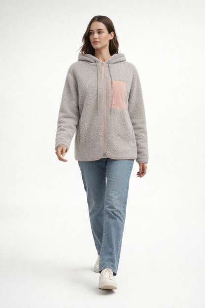 Hellgraue Woll-Teddyjacke mit Kapuze für Damen — Pink