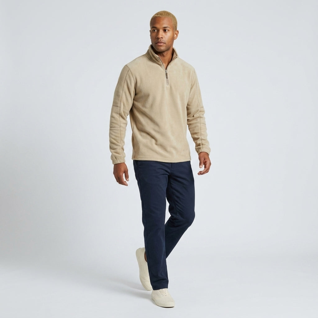 Herren Feinstrickpullover mit Stehkragen und Zip – Regular Fit — Khaki