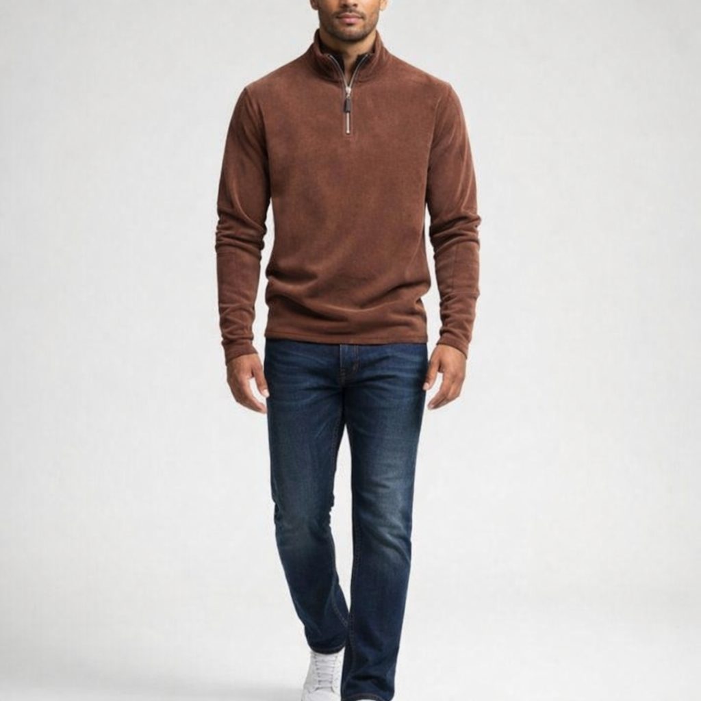 Herren Feinstrickpullover mit Stehkragen und Zip – Regular Fit — Braun