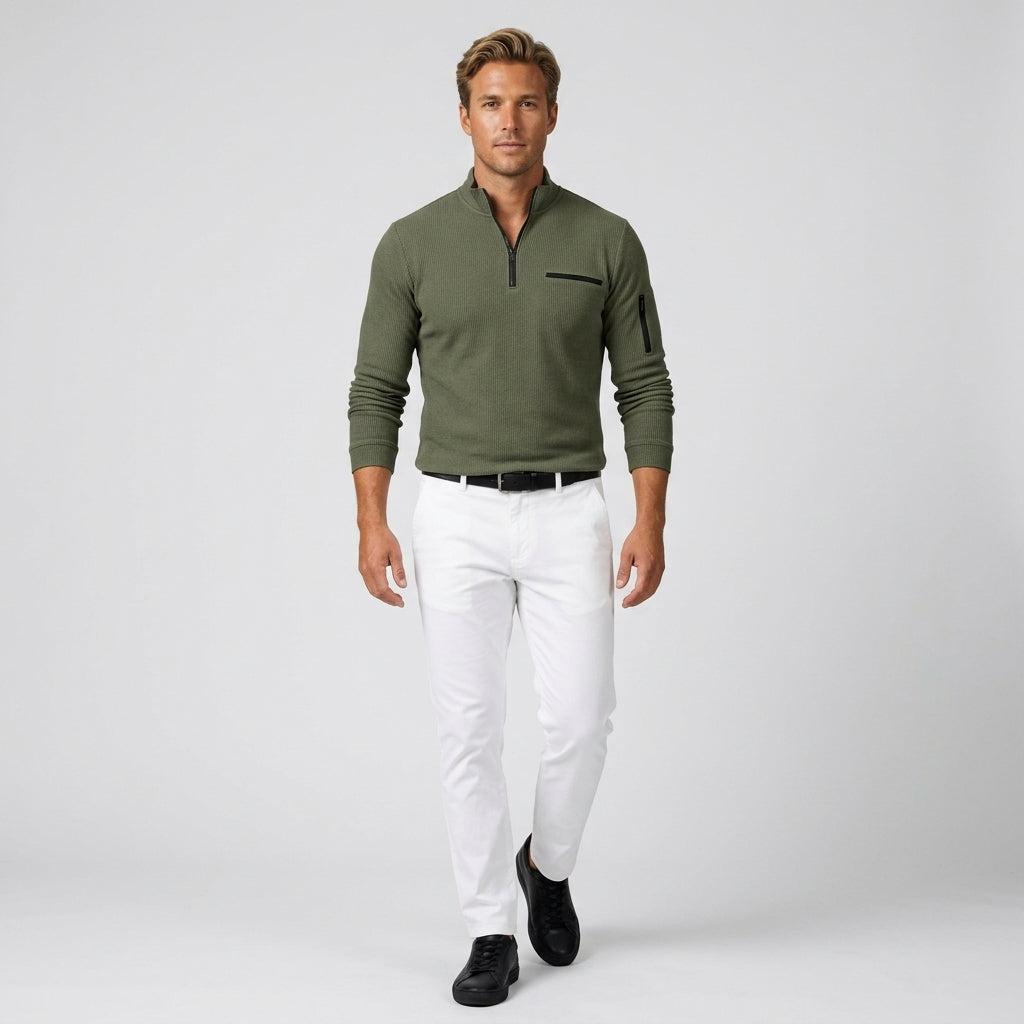 Herren Longsleeve Shirt gerippt Relaxed Fit — Dunkelgrün
