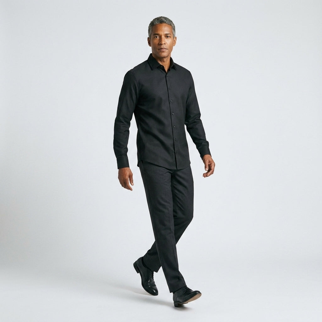 Herren Longsleeve Hemd Schwarz Baumwolle Elastane Slim Fit