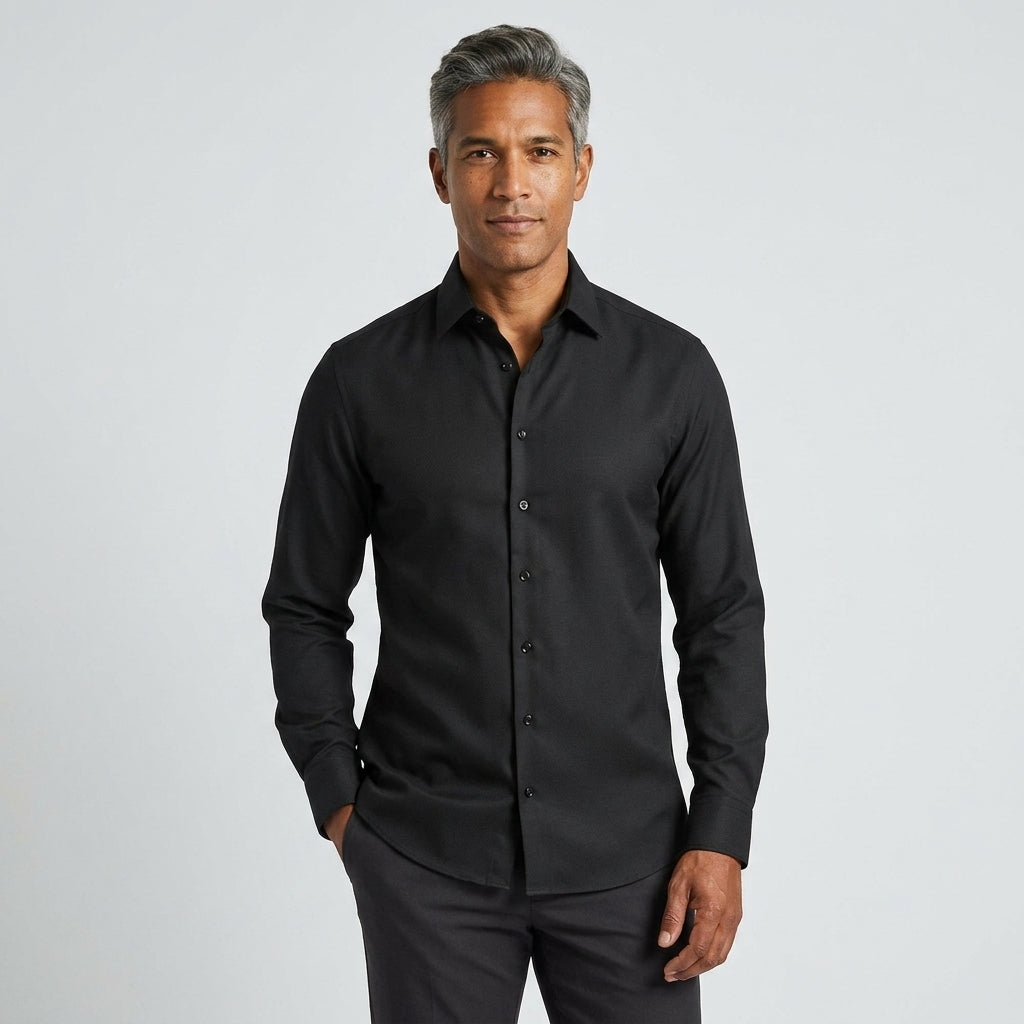 Herren Longsleeve Hemd Schwarz Baumwolle Elastane Slim Fit
