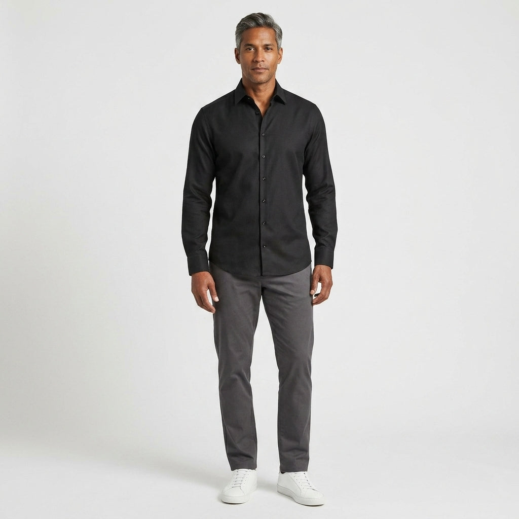Herren Longsleeve Hemd Schwarz Baumwolle Elastane Slim Fit