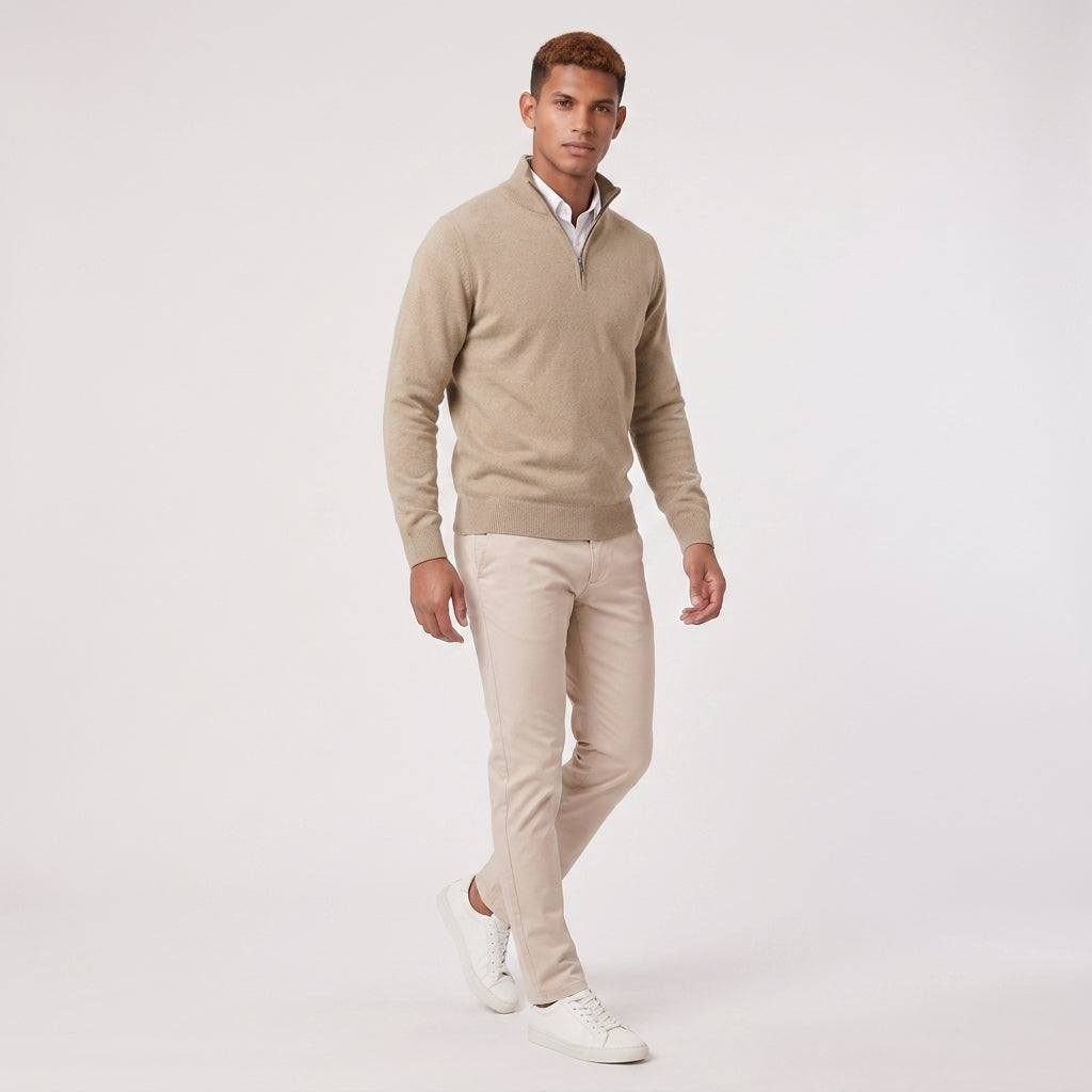 Herren Pullover mit hohem Zip-Kragen – Regular Fit — Beige