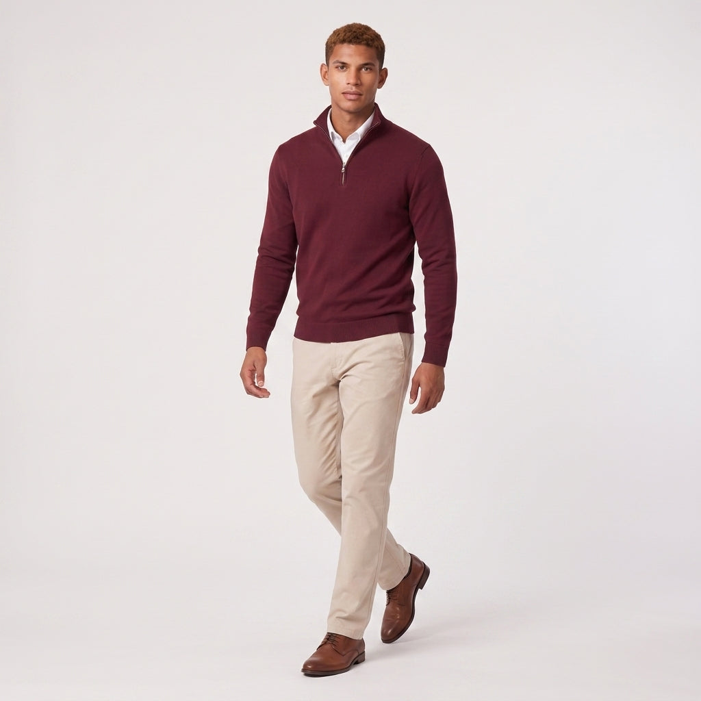 Herren Pullover mit hohem Zip-Kragen – Regular Fit — Burgunder