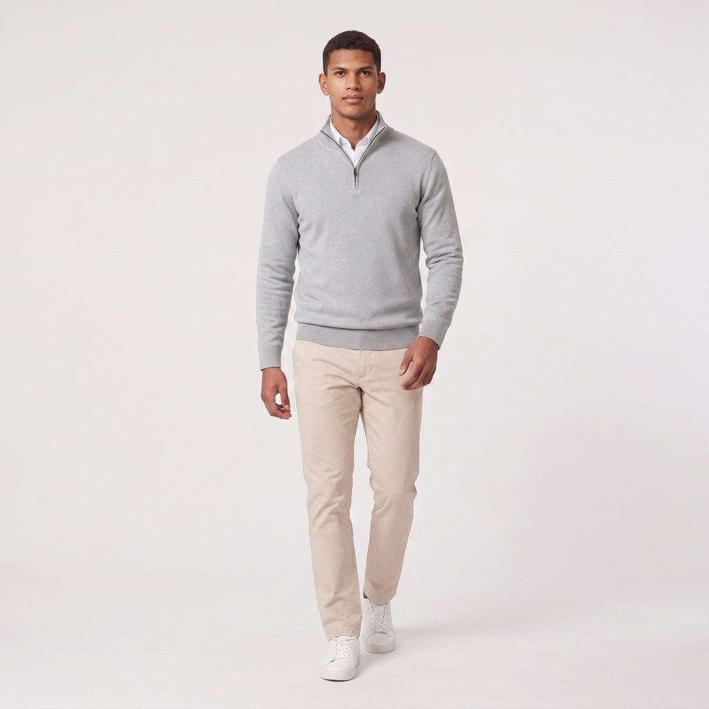 Herren Pullover mit hohem Zip-Kragen – Regular Fit — Light Grey