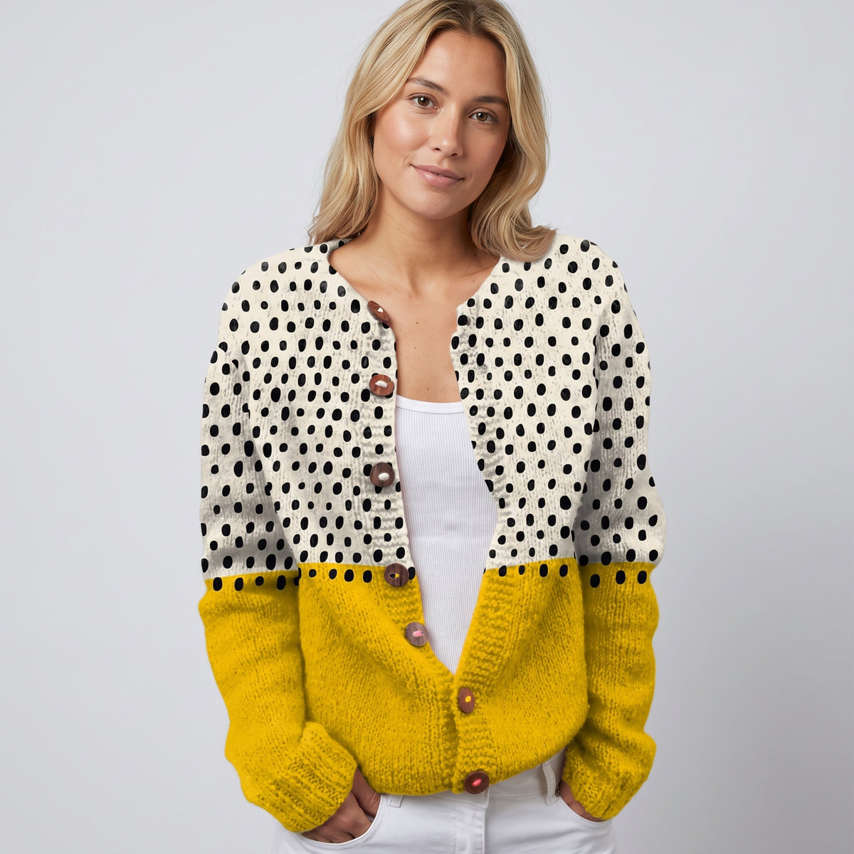 Damen Strickjacke Oversized mit Polka-Dot-Muster