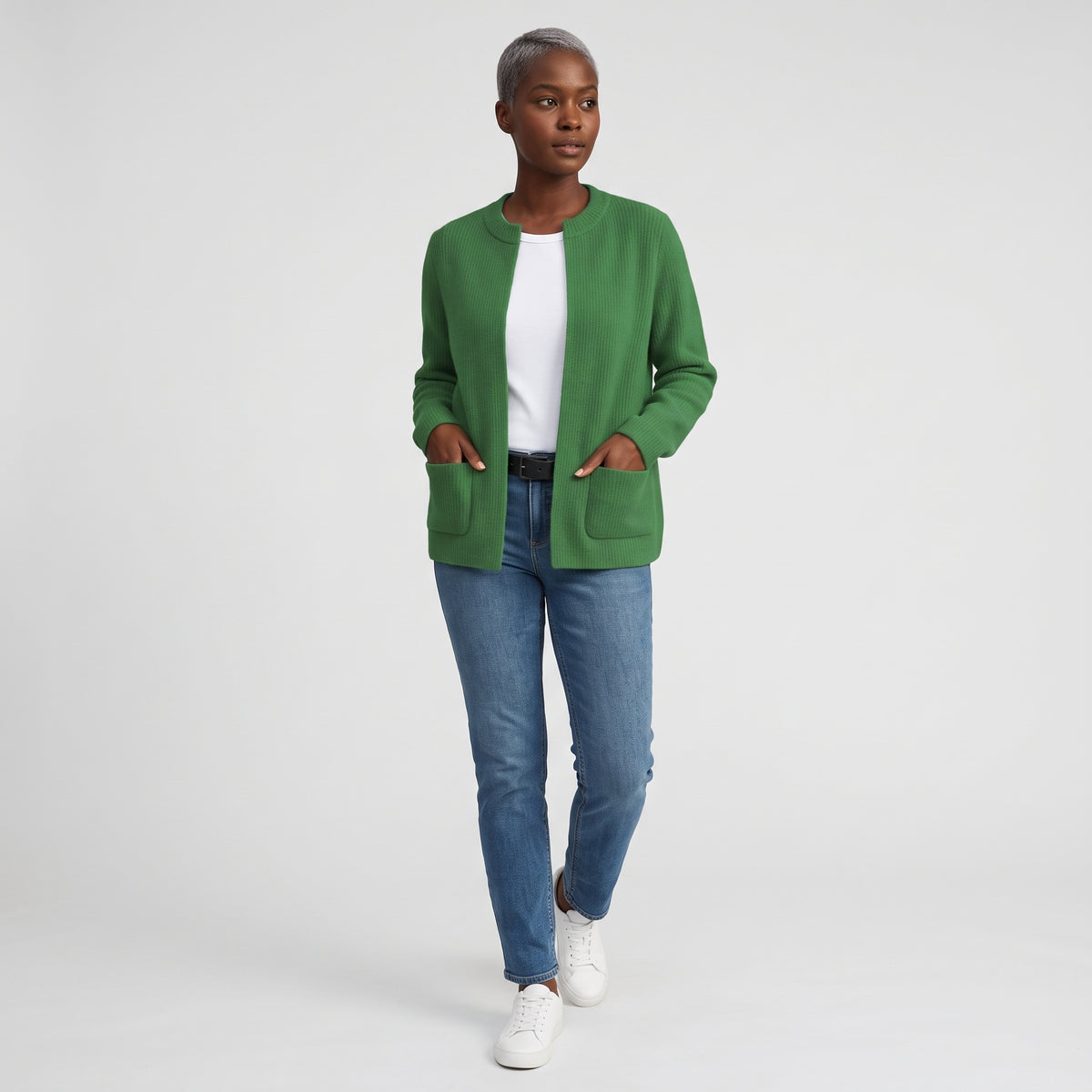 Damen Offene Strickjacke mit Taschen – Relaxed Fit — Grün