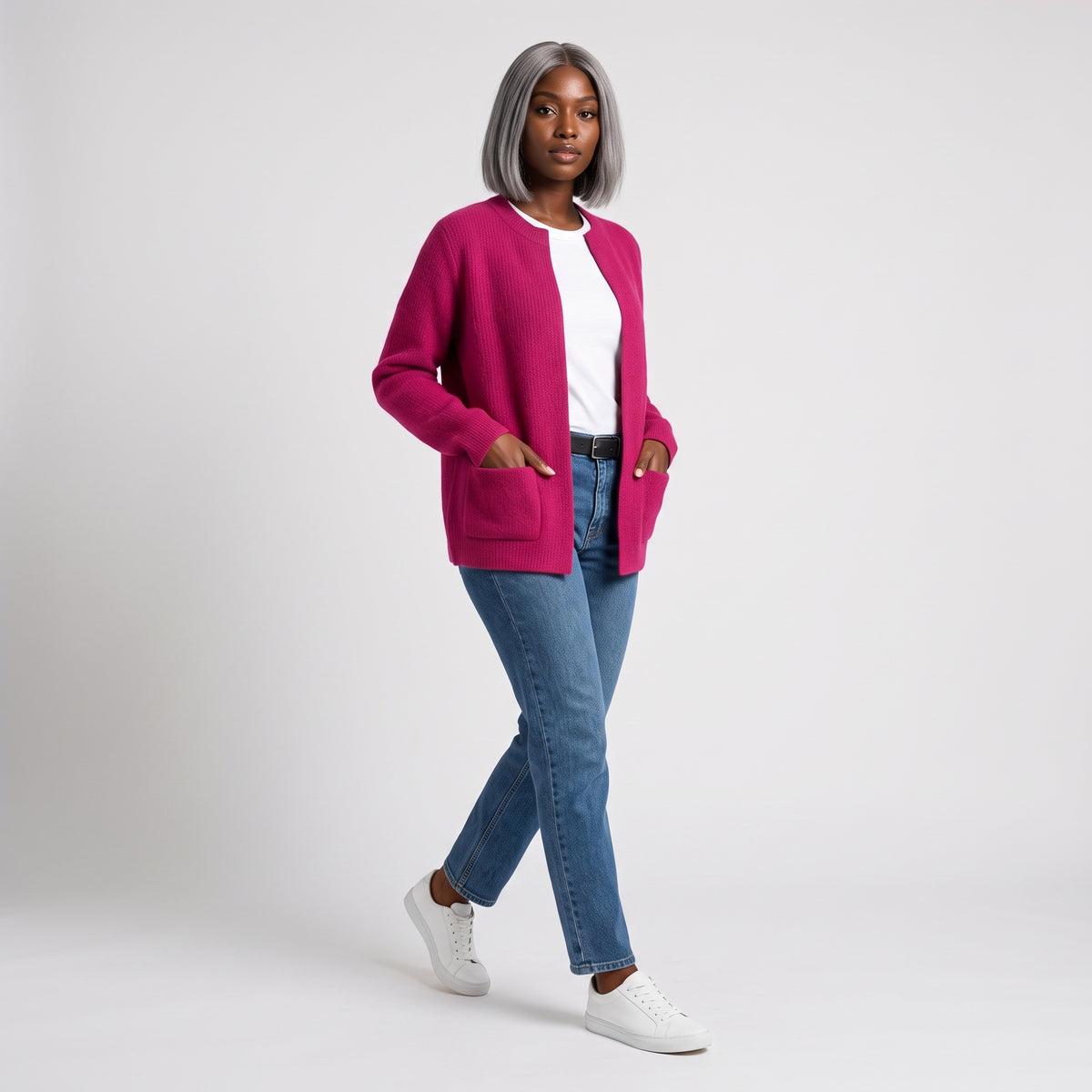 Damen Offene Strickjacke mit Taschen – Relaxed Fit — Rosa
