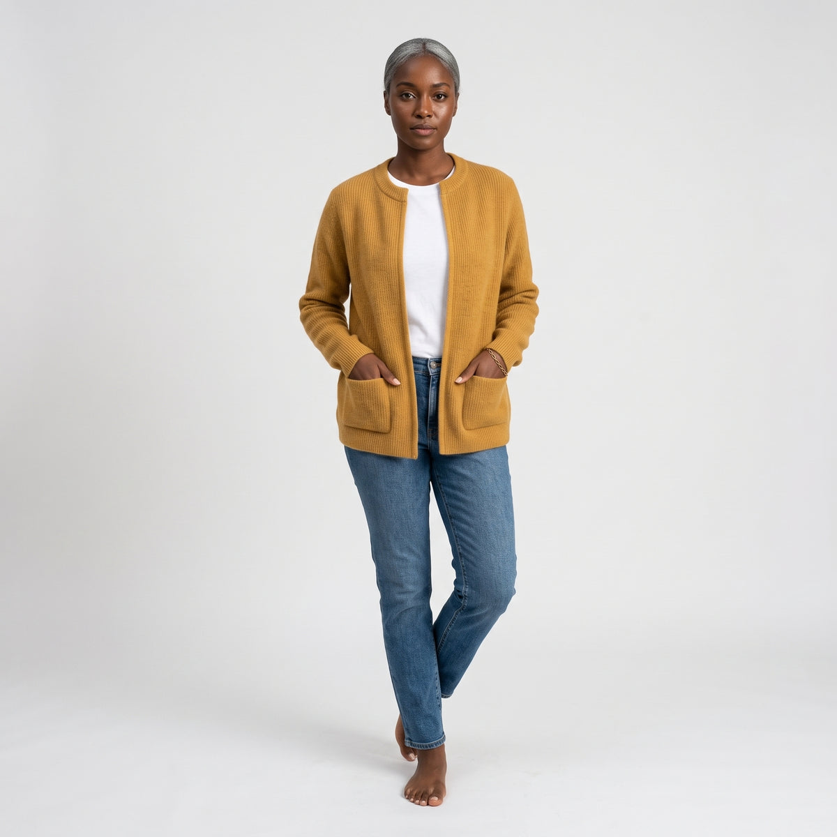Damen Offene Strickjacke mit Taschen – Relaxed Fit — Gelb