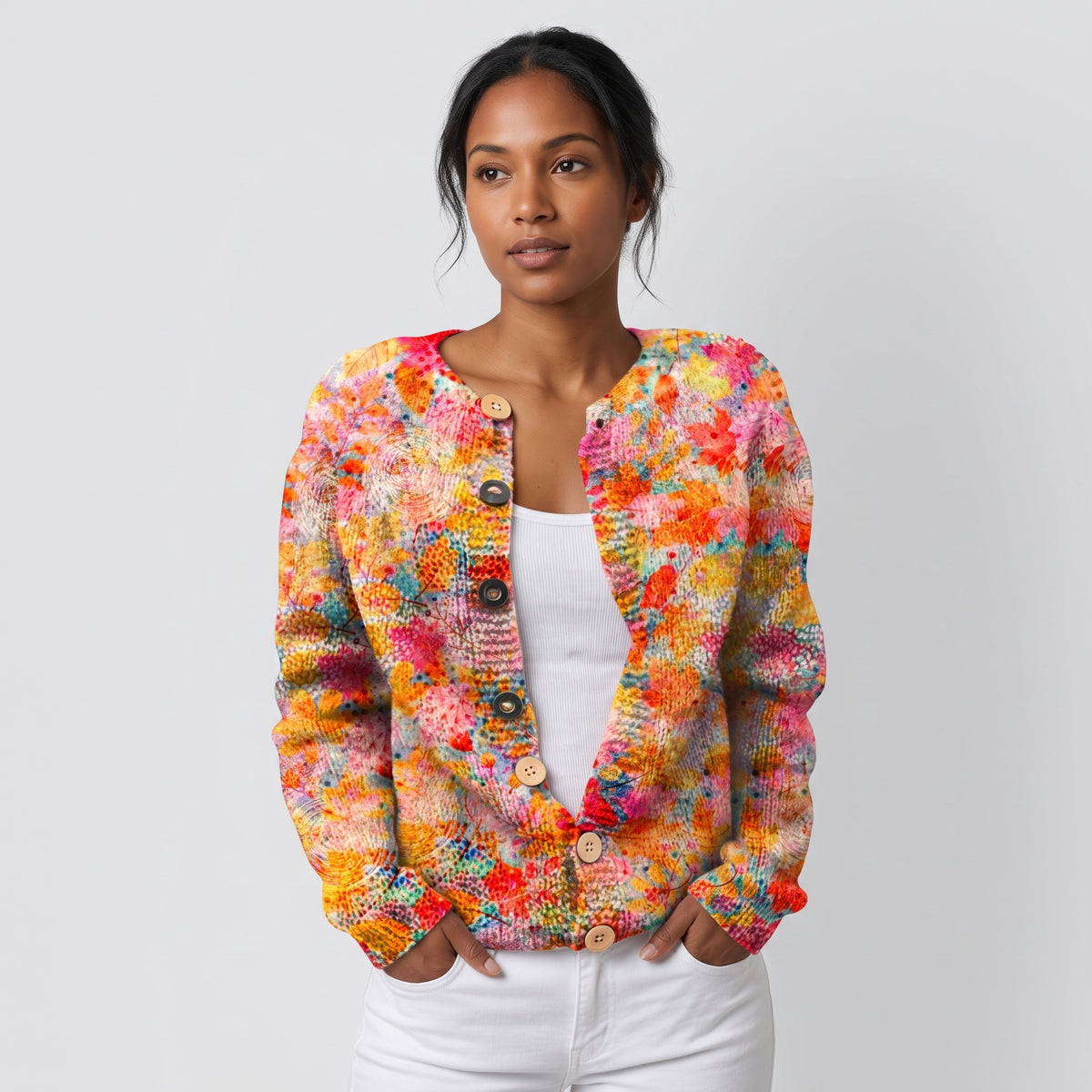 Damen Strickjacke mit Blumenprint – Relaxed Fit