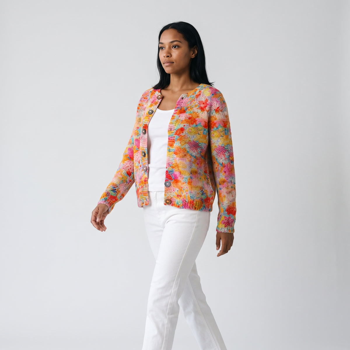 Damen Strickjacke mit Blumenprint – Relaxed Fit