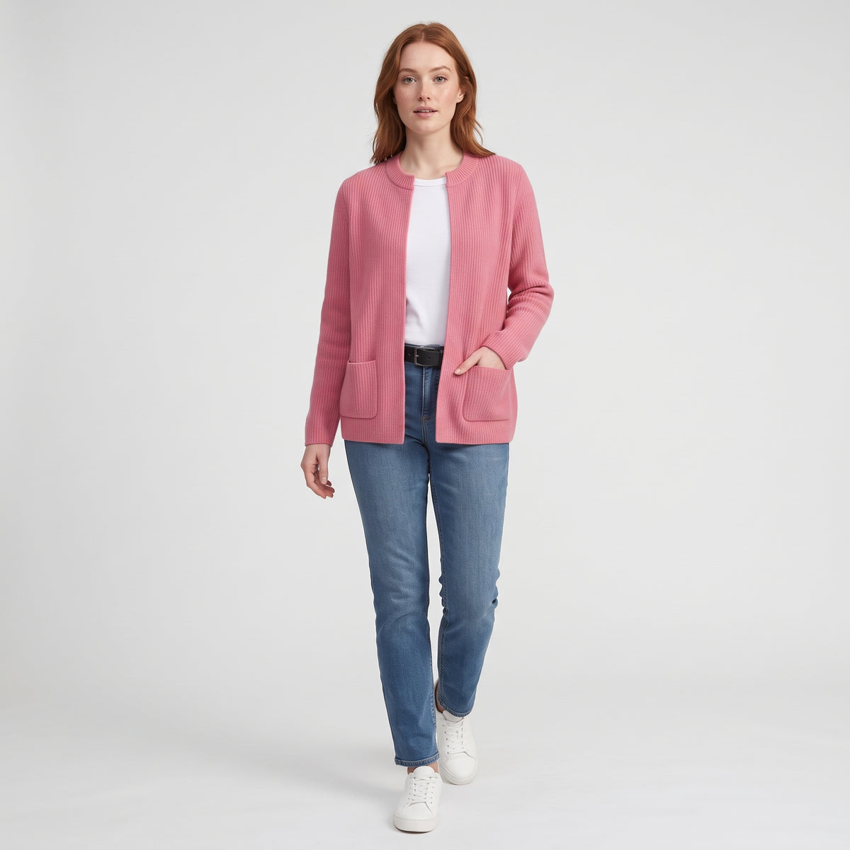 Damen Offene Strickjacke mit Taschen – Relaxed Fit — Pink