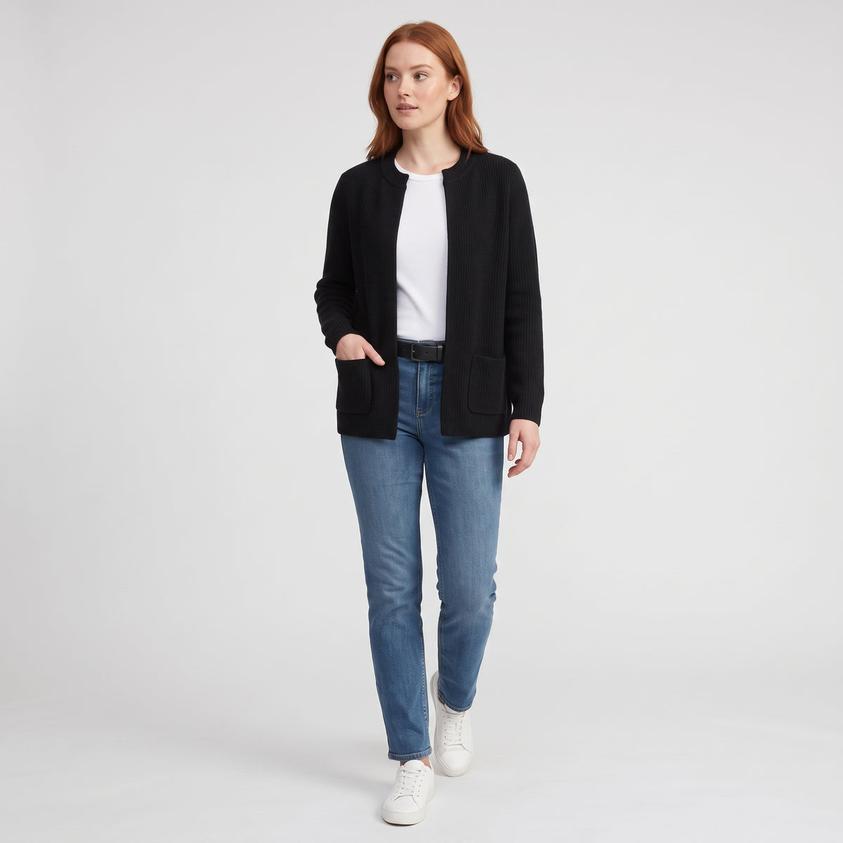 Damen Offene Strickjacke mit Taschen – Relaxed Fit — Black