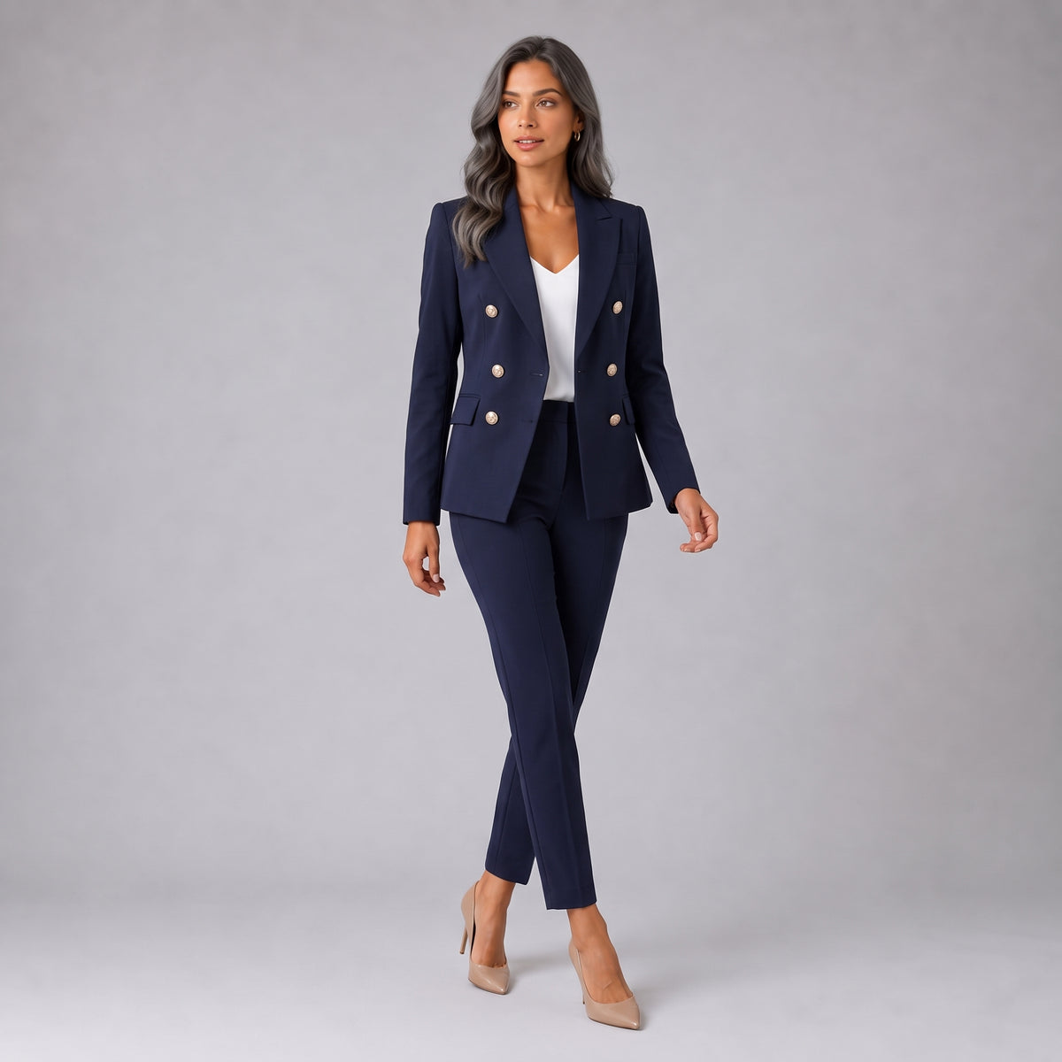 Damen Business Hosenanzug mit zweireihigem Blazer – Slim Fit — Dunkelblau