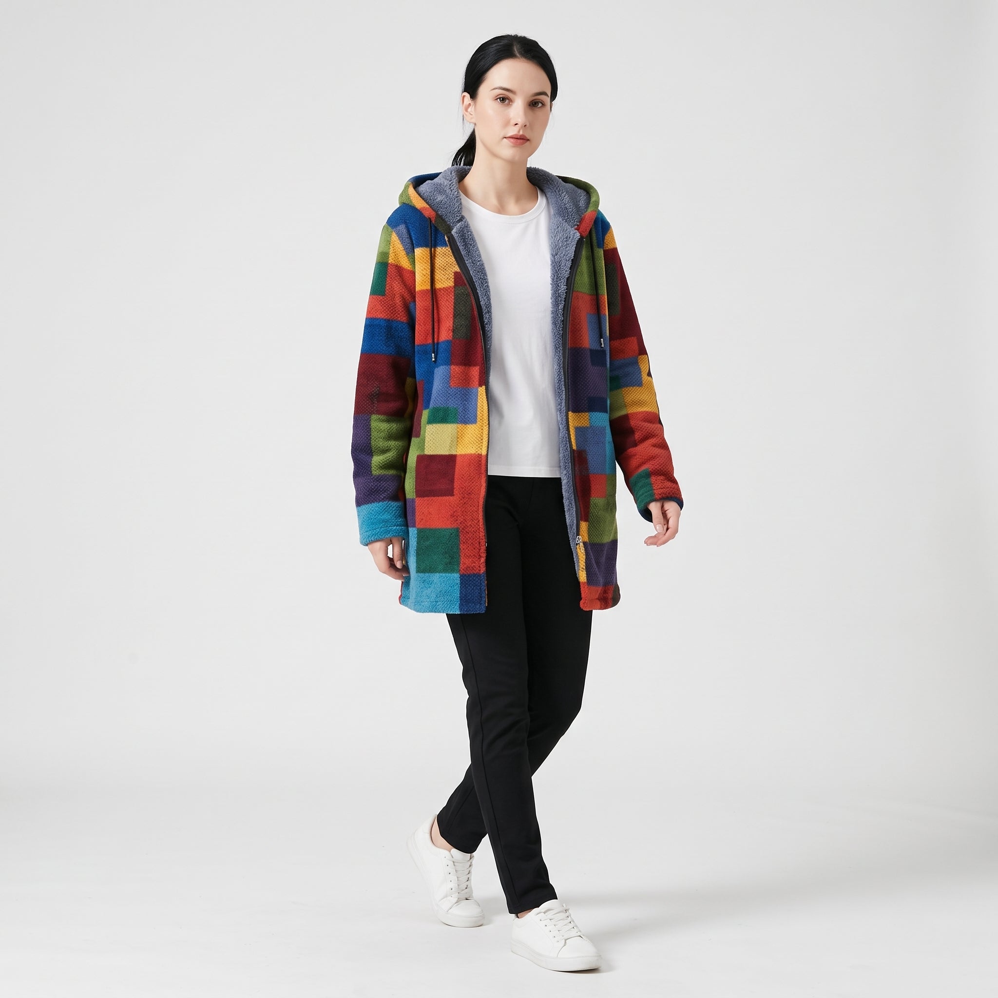 Damen Fleecejacke mit Kapuze im Colorblock-Look – Relaxed Fit
