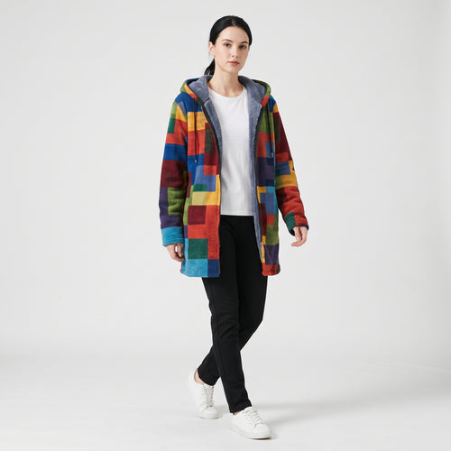 Damen Fleecejacke mit Kapuze im Colorblock-Look – Relaxed Fit