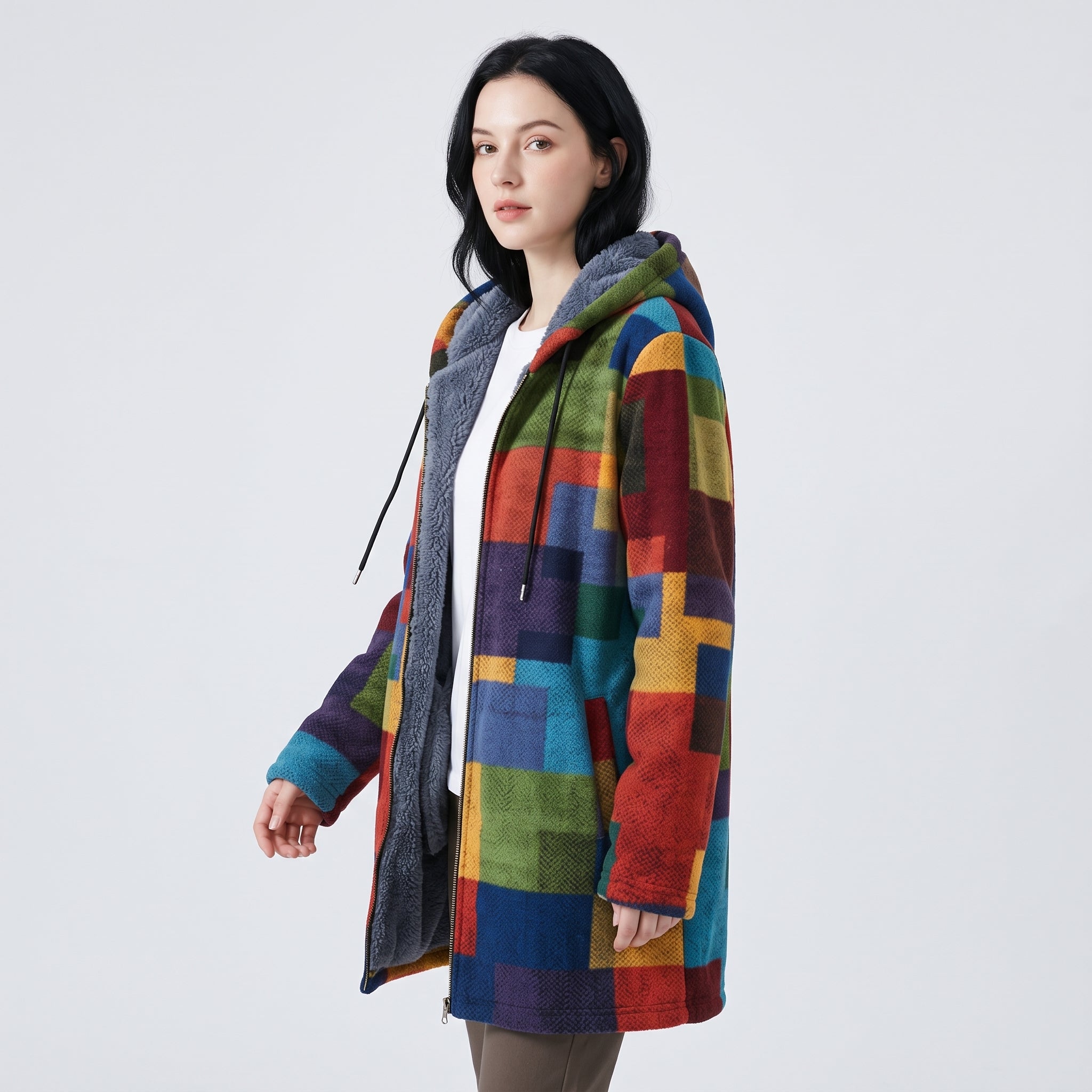 Damen Fleecejacke mit Kapuze im Colorblock-Look – Relaxed Fit