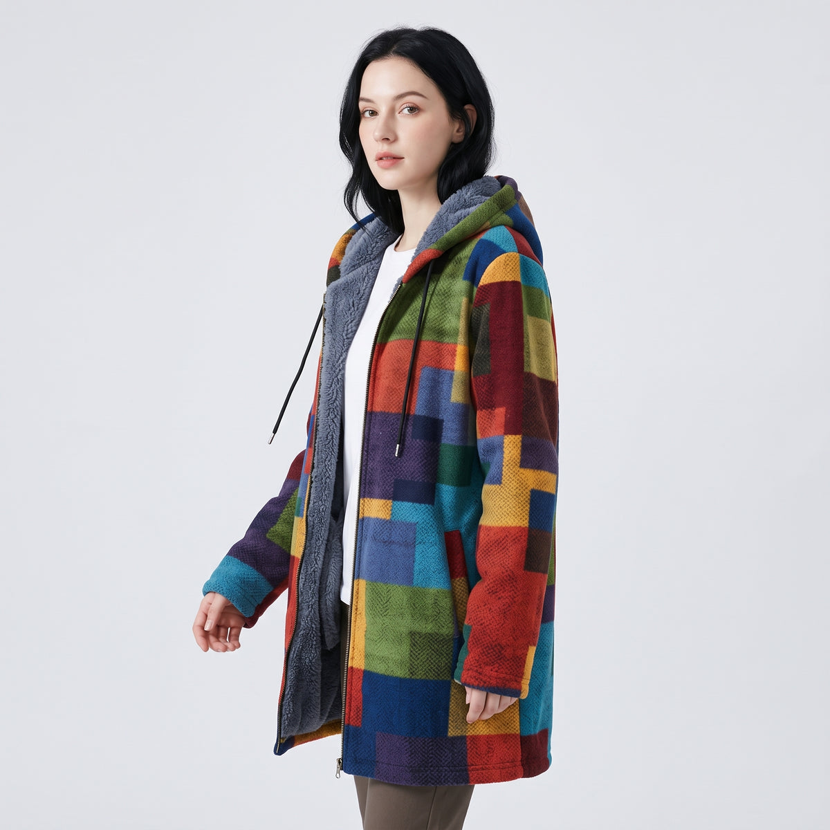 Damen Fleecejacke mit Kapuze im Colorblock-Look – Relaxed Fit