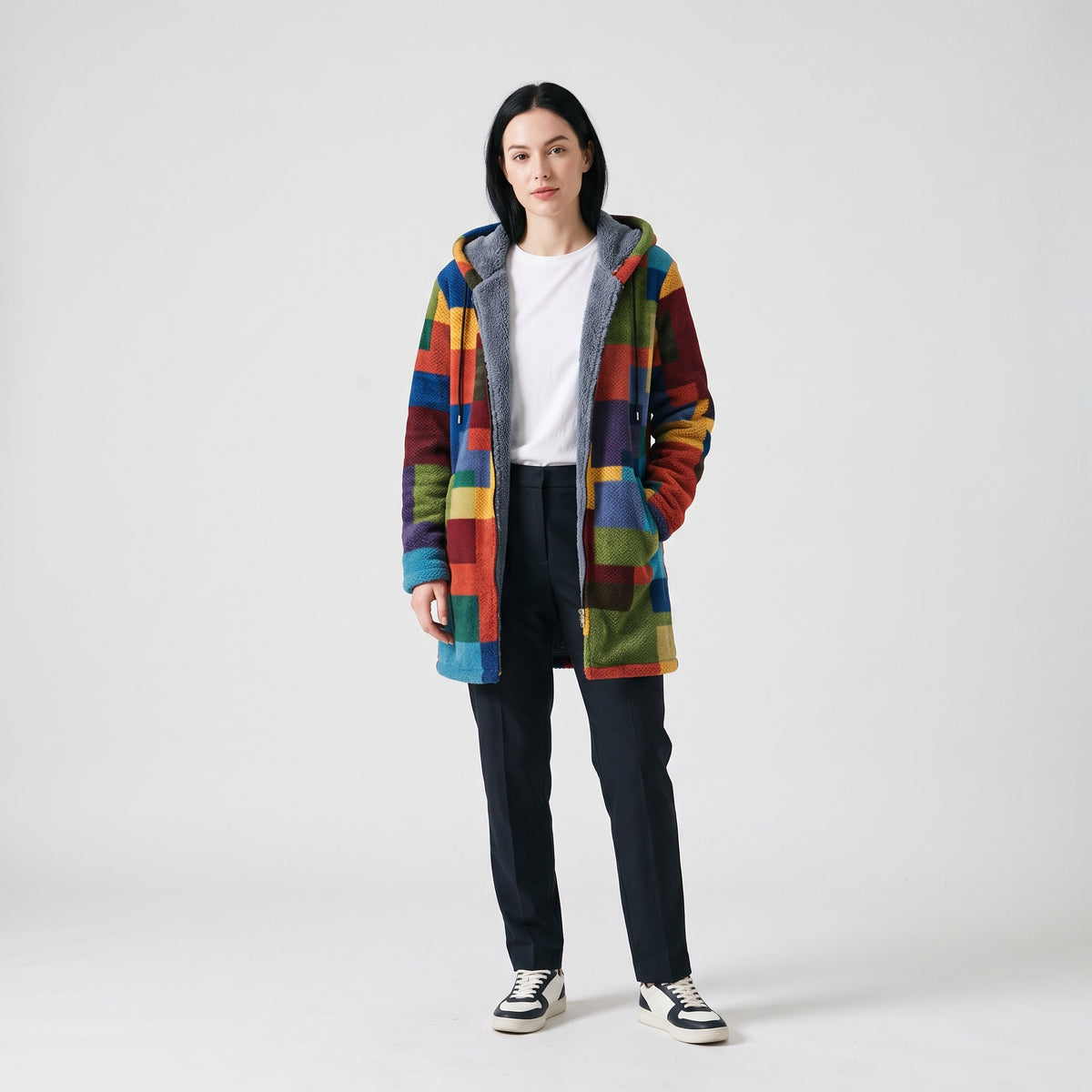 Damen Fleecejacke mit Kapuze im Colorblock-Look – Relaxed Fit