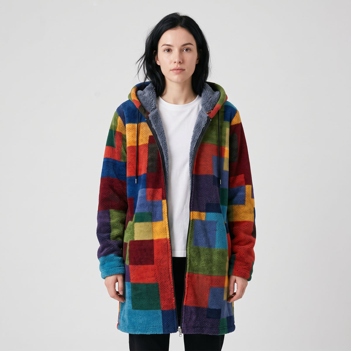 Damen Fleecejacke mit Kapuze im Colorblock-Look – Relaxed Fit