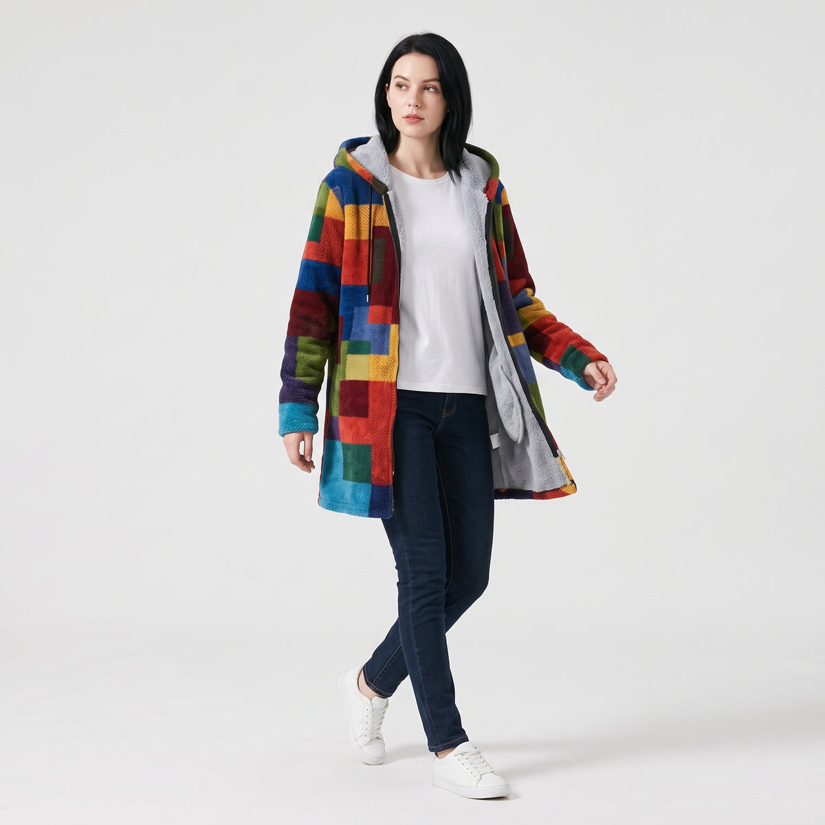Damen Fleecejacke mit Kapuze im Colorblock-Look – Relaxed Fit
