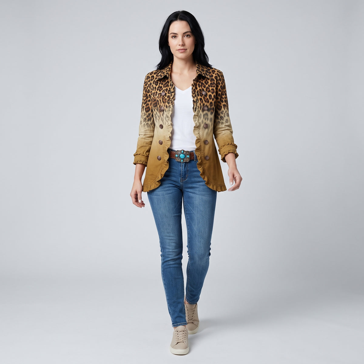 Damen Blazer mit Leopardenmuster und Farbverlauf – Regular Fit — Ocker