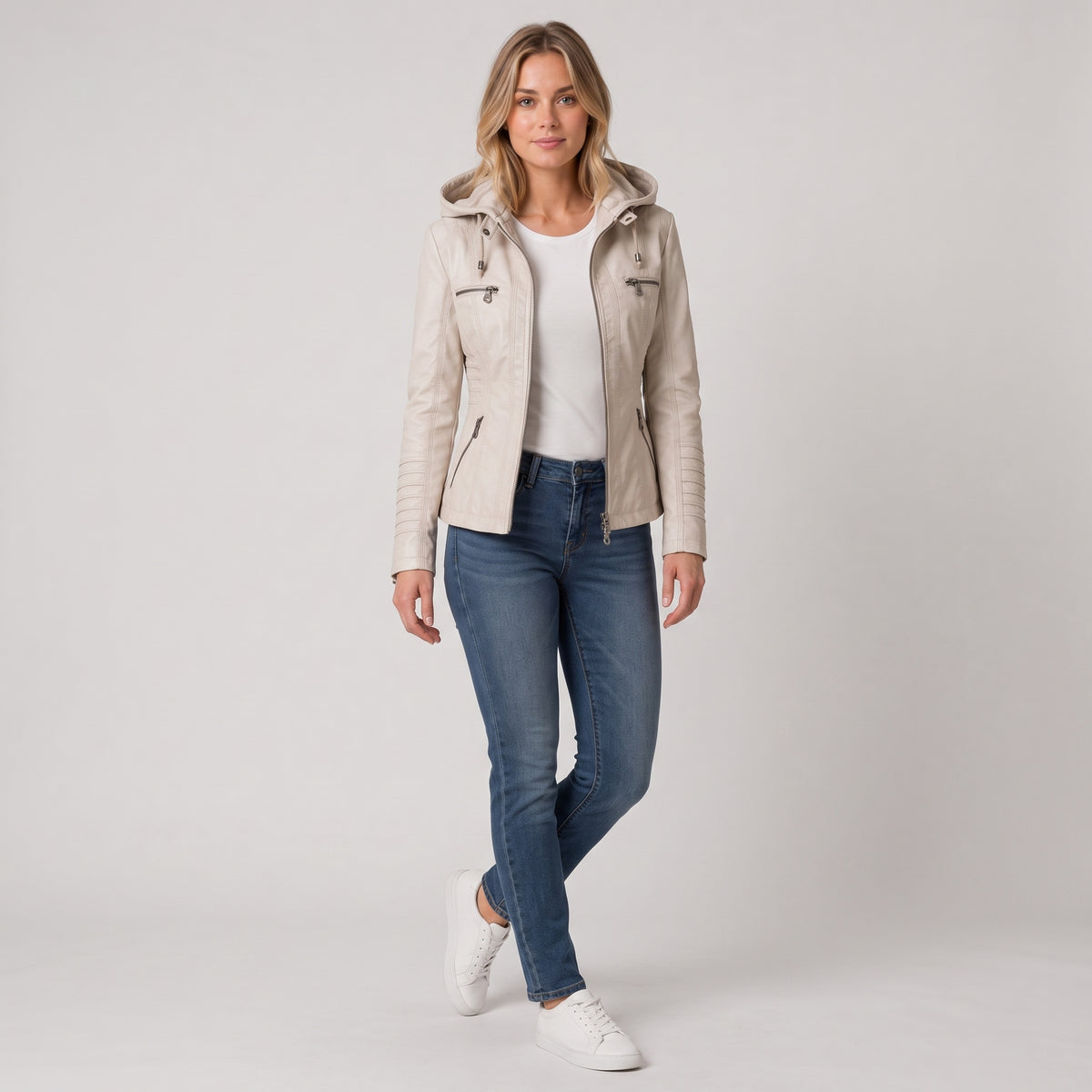 Damen Jacket aus Leder mit abnehmbarer Kapuze — Beige