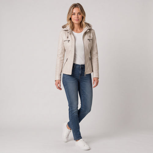 Damen Jacket aus Leder mit abnehmbarer Kapuze — Beige